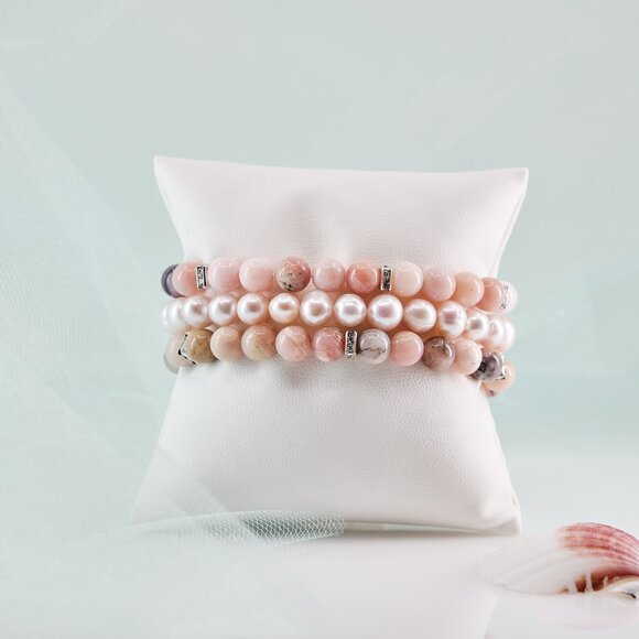 Pink Opal, Crystal & Pearl Stretch Bracelet Set of 3, Fast Shipping - Picture 5 of 11
